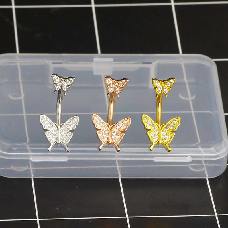 Butterfly Zircon Belly Button Ring Stainless Steel Dangle Navel Piercing Jewelry Rose Gold - Image 5