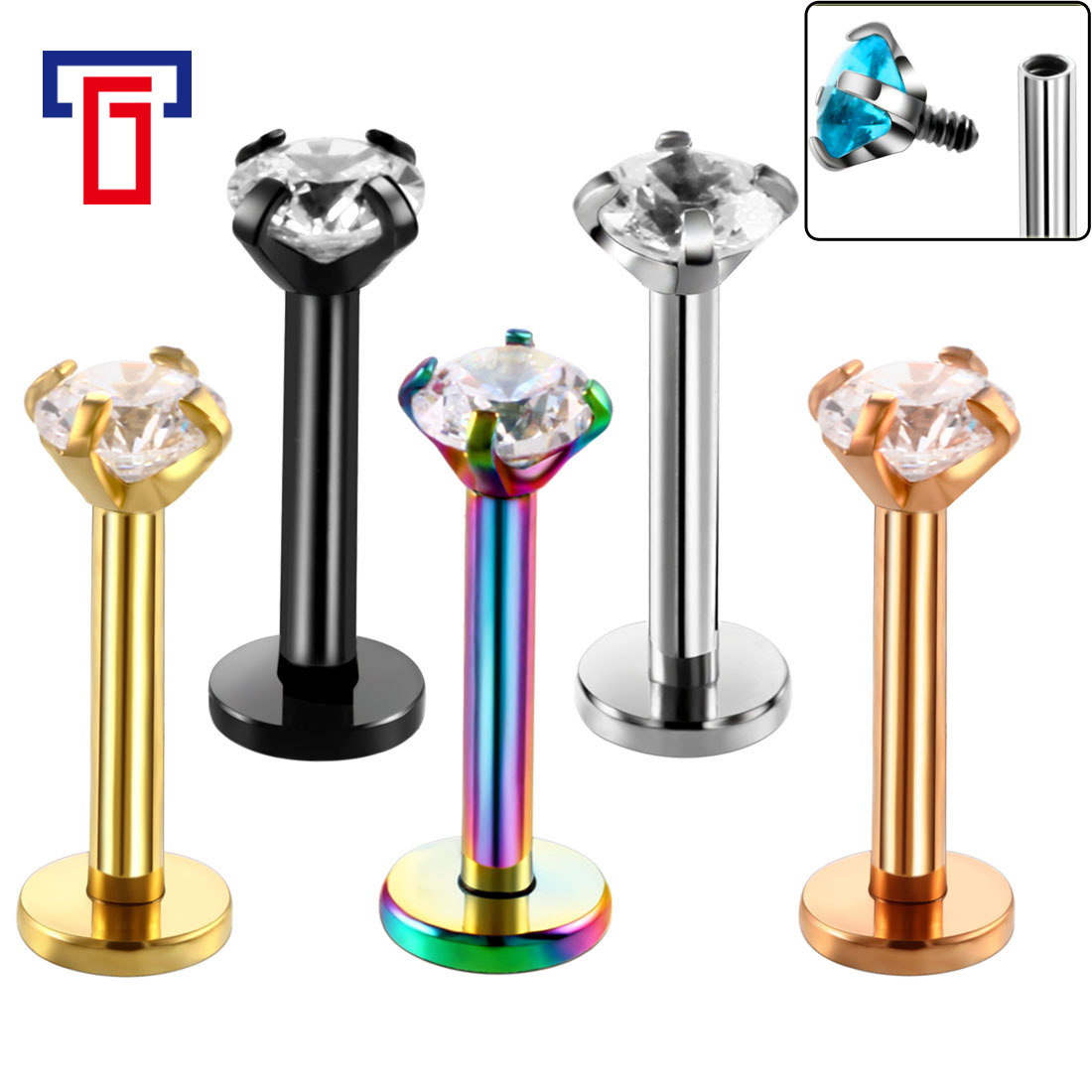 G23 Titanium Alloy Inner Thread Lip Labret Stud with Zircon Claw Setting Round Claw 1.2x14mm - Image 4
