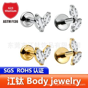 F136 Titanium Ear Bone Nail Marquise Zircon Inlaid Cross-Border Hot Selling G23 Titanium Alloy Body Piercing Jewelry Ear Nail