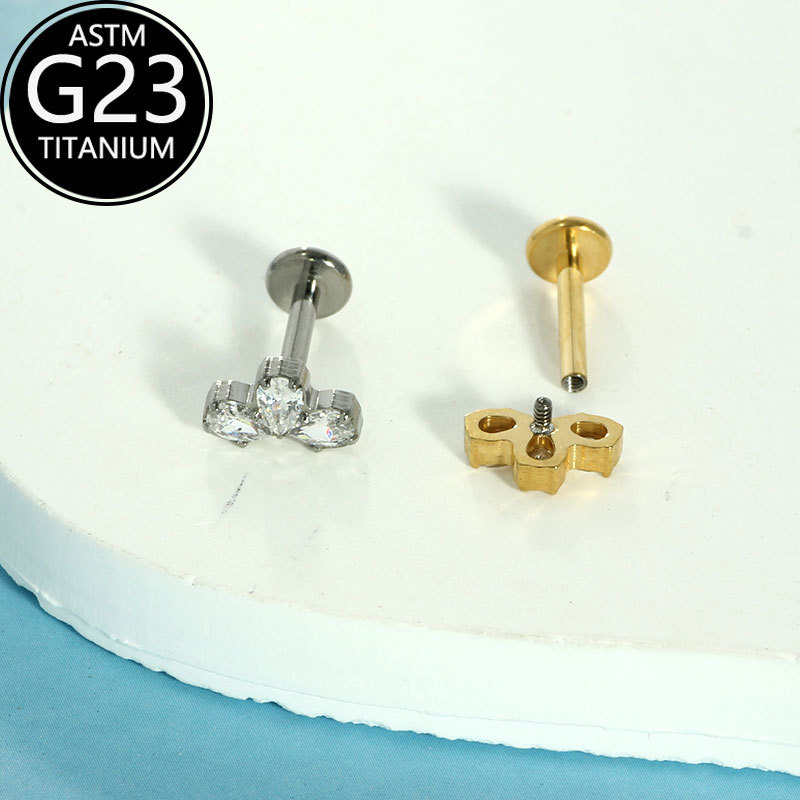F136 Titanium Alloy Water Drop Zircon Three-Petal Flower Lip Nail G23 Titanium Internal Thread Lip Nail Tongue Nail Piercing Jewelry - Image 4