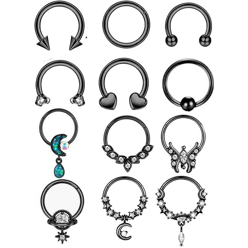 12-Piece Black Stainless Steel Nose Ring Set - Cross-Border Open Ring Nose Stud Ear Bone Piercing Jewelry - Image 4