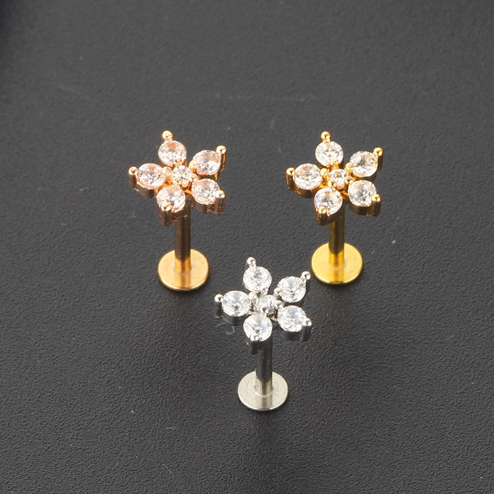 Zircon Flower 8mm Rose Gold Stainless Steel Ear Stud Earring for Women Body Piercing Jewelry - Image 3