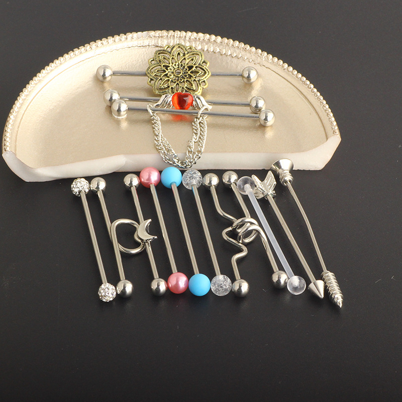 Industrial Barbell Earring Set Stainless Steel Heart Dangle Ear Studs Double Ear Holes Earrings Kit 14 Pieces Vintage Retro Style - Image 2