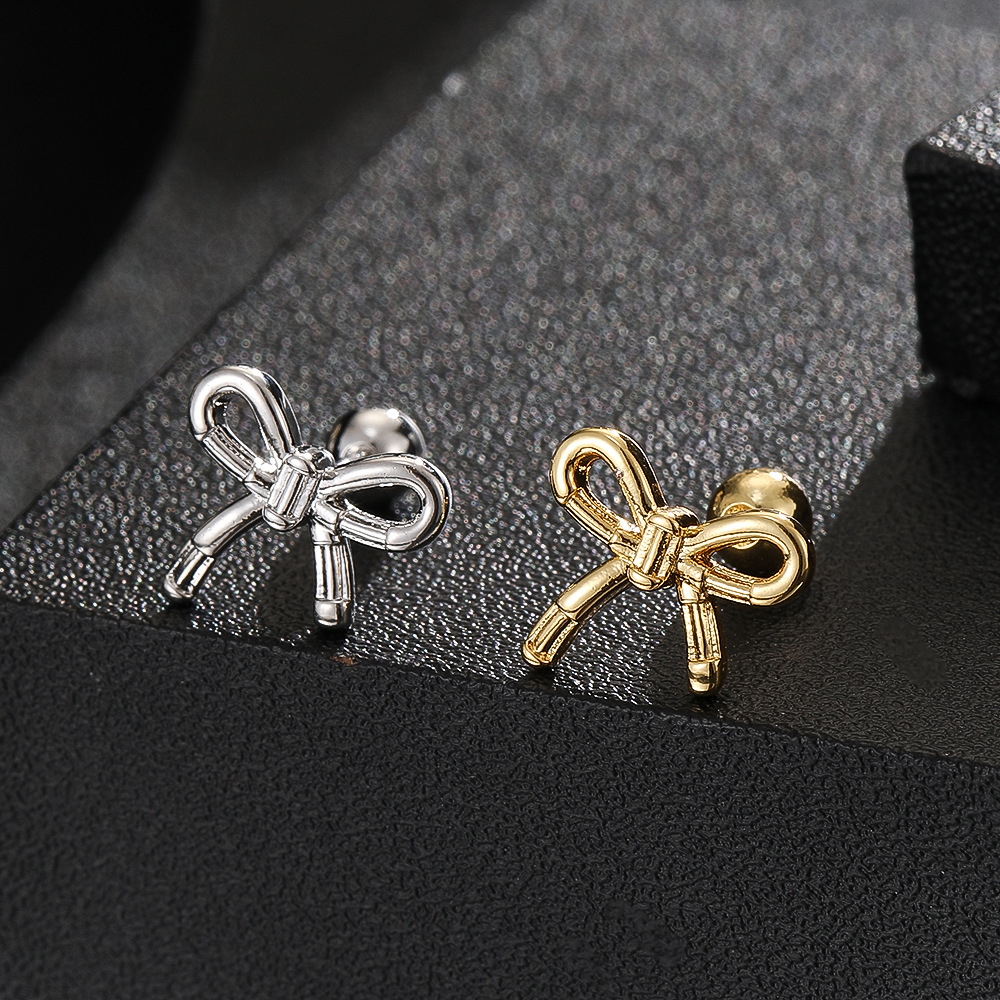 Bow Flower Cartilage Earring Gold 18K Plated Copper Ear Bone Stud Niche Piercing Jewelry - Image 4