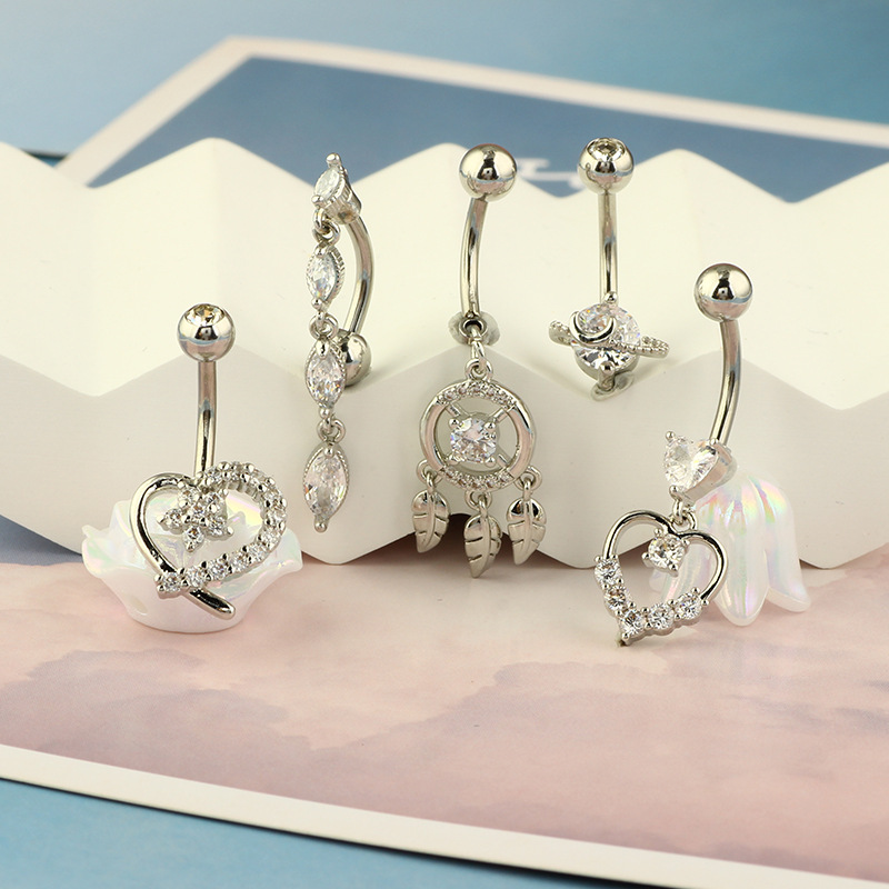Zircon Peach Heart Belly Button Ring - Love Shaped Navel Jewelry - 316L Surgical Steel - 5 Sets - Hip Hop Style - Image 4
