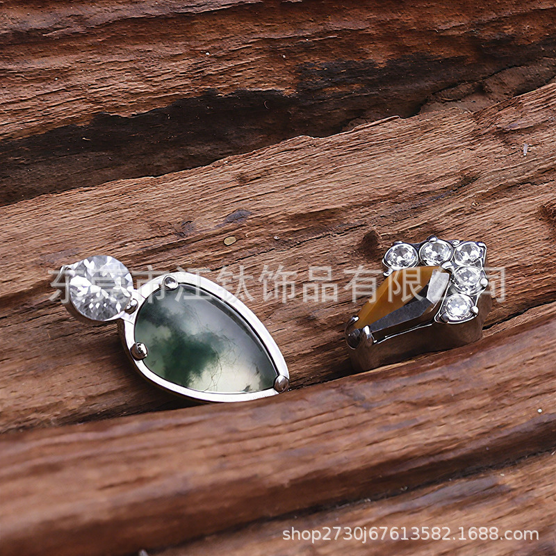 G23 Titanium Alloy Body Piercing Earrings Natural Stone Rhombus Water Drop Ear Jewelry Gold + Tiger Eye - Image 3