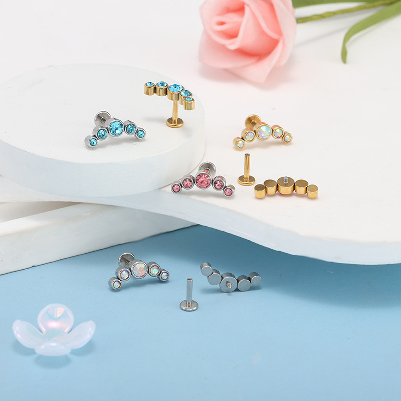 16G Stainless Steel Internally Threaded Cartilage Ear Stud, Multi-Color Diamond-Encrusted Flat-Bottom Lip Stud, 1 Piece - Image 2