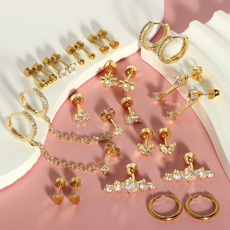 13 Pairs Geometric Zircon Earrings Set - Stainless Steel + Copper, Real Gold Plated, Flower Earrings, Butterfly, Star of David - Image 3