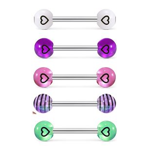 Stainless Steel Tongue Nail Love Double Round Ball Earring - Star Shape Purple Striped Body Piercing Jewelry Tongue Ring
