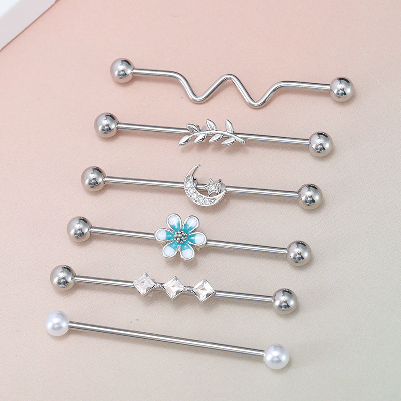 6-Piece Stainless Steel Industrial Ear Stud Set with Moon and Floral Designs, Fashionable Cartilage Piercing Jewelry - Image 3
