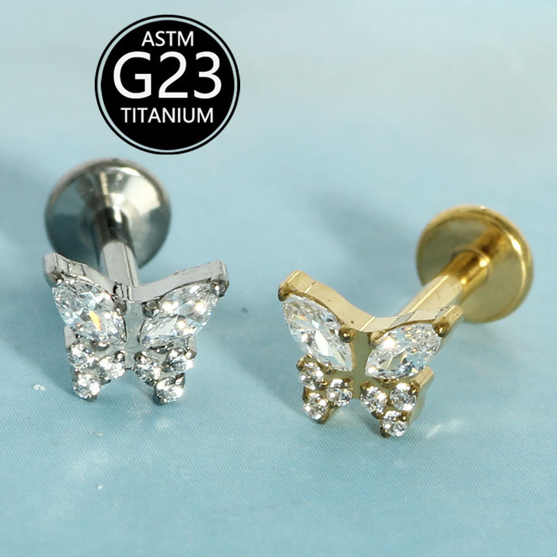 G23 Titanium Diamond Butterfly CZ Lip Labret Stud Implant Grade Body Piercing Jewelry - Image 2
