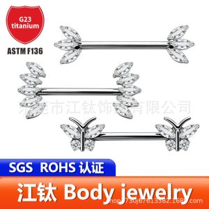G23 Titanium Nipple Ring with Butterfly and Horse Eye Design, Inlaid Zircon, ASTM F136 Nipple Piercing Jewelry