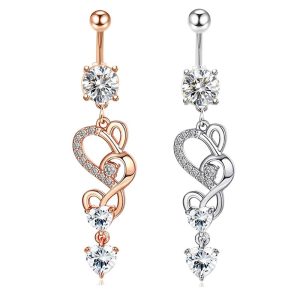 Double Heart Long Zircon Belly Button Ring Navel Piercing Jewelry Rose Gold