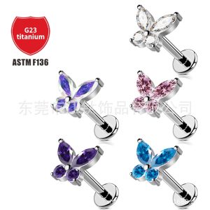 G23 Titanium Butterfly Earrings with CZ Stone - ASTM F136 Lip Nails Piercing Jewelry for Cartilage Helix Tragus