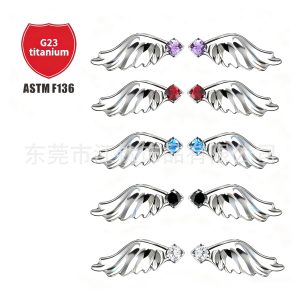 G23 Titanium Alloy Angel Wings Earring with Zircon - Gold, 1.2mm x 10mm Cartilage Stud