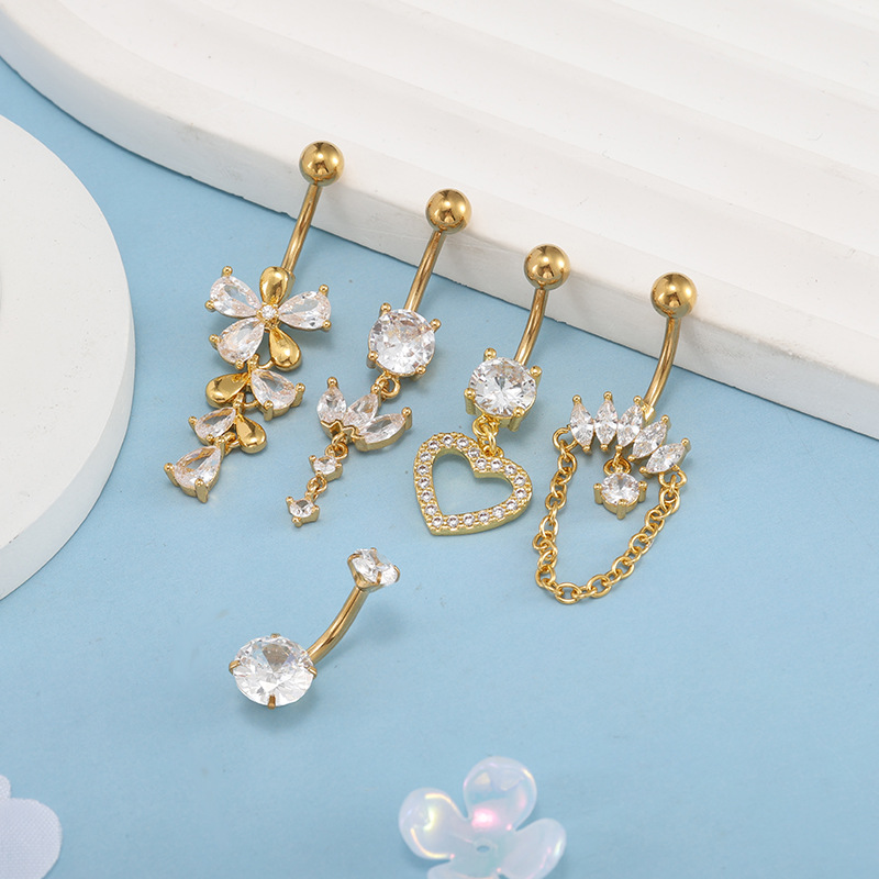 Amazon's Best-Selling 5-Piece Set Stainless Steel Belly Button Rings with Zircon Water Drop and Heart-Shaped Navel Piercing Jewelry in Stock - Image 4
