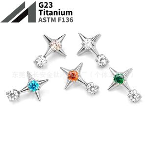 F136 Titanium Four-Pointed Star Round Zircon Lip Piercing, Nose Piercing, Ear Piercing, Ear Bone Piercing - G23 Titanium Alloy Body Jewelry