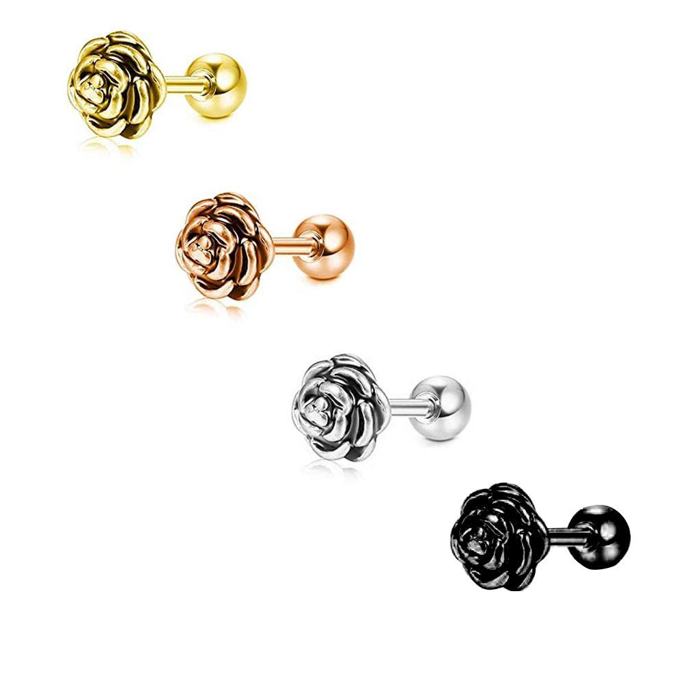 Gem Flower Ball Screw Ear Studs - European American Style Stainless Steel Cartilage Earring - Image 2