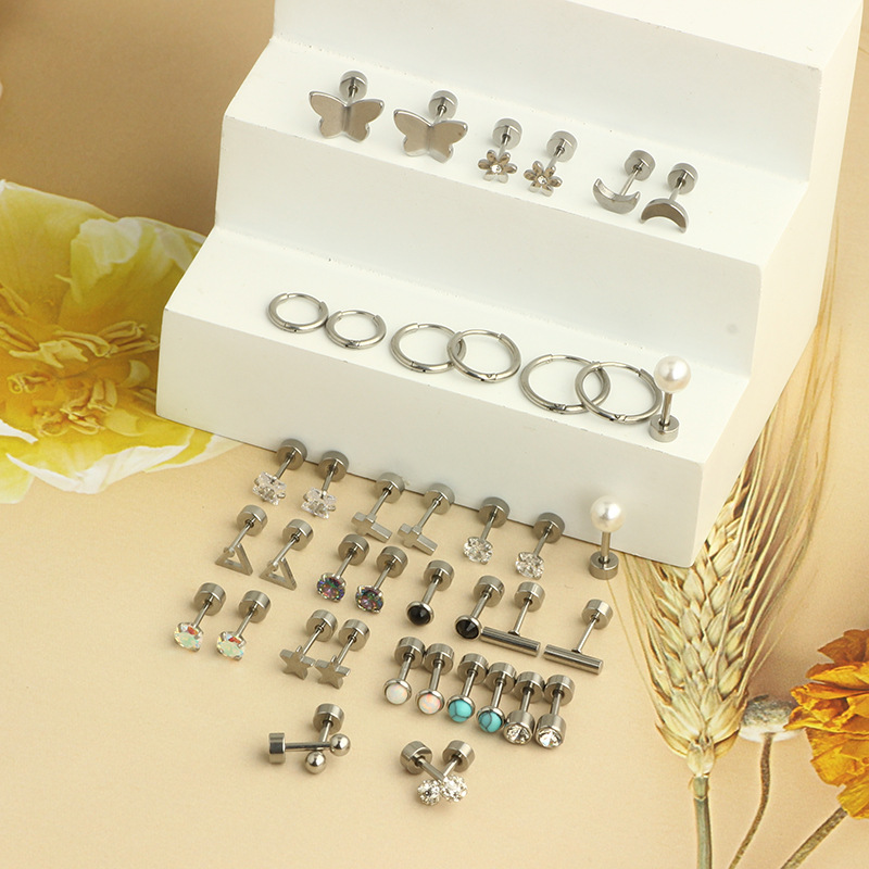 Stainless Steel Round Cake Lip Stud Earring Set for Women Fashion Cartilage Ear Bone Stud Body Piercing Jewelry - Image 4