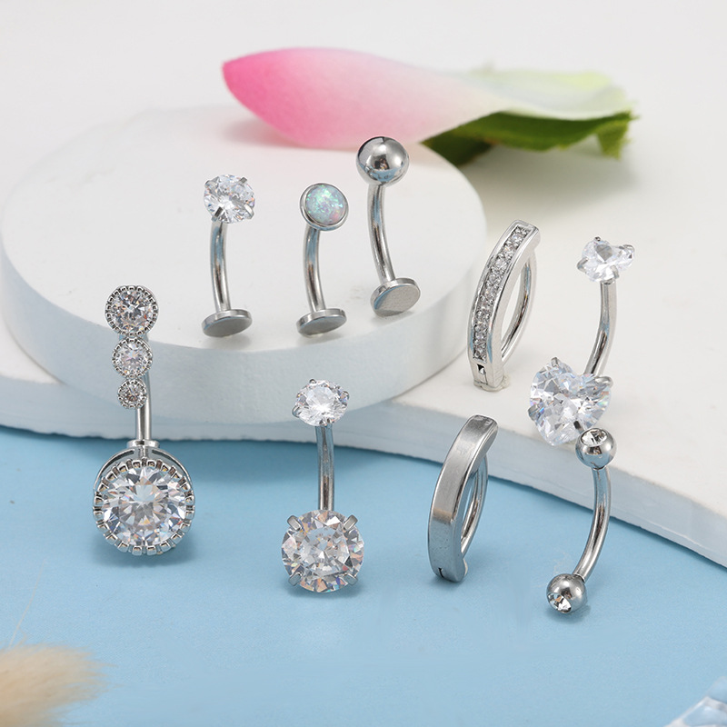 Stainless Steel Belly Button Ring 9-Piece Set with Round Zircon and Opal 14g Belly Piercing Jewelry - Image 2