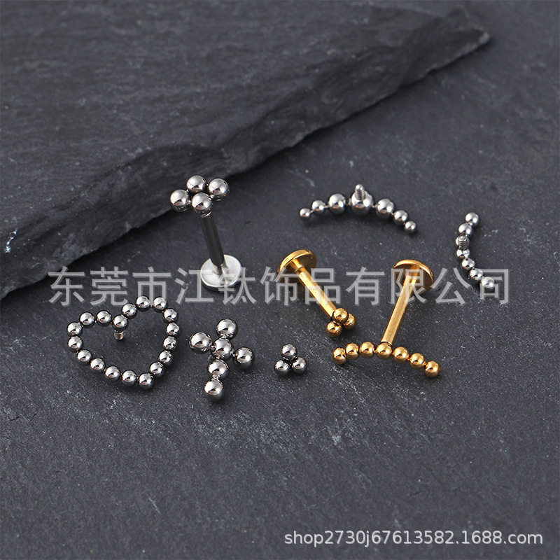 ASTM F136 Titanium Alloy Heart Cross Crescent Ball Ear Stud - G23 Titanium Cartilage Earring - Image 3