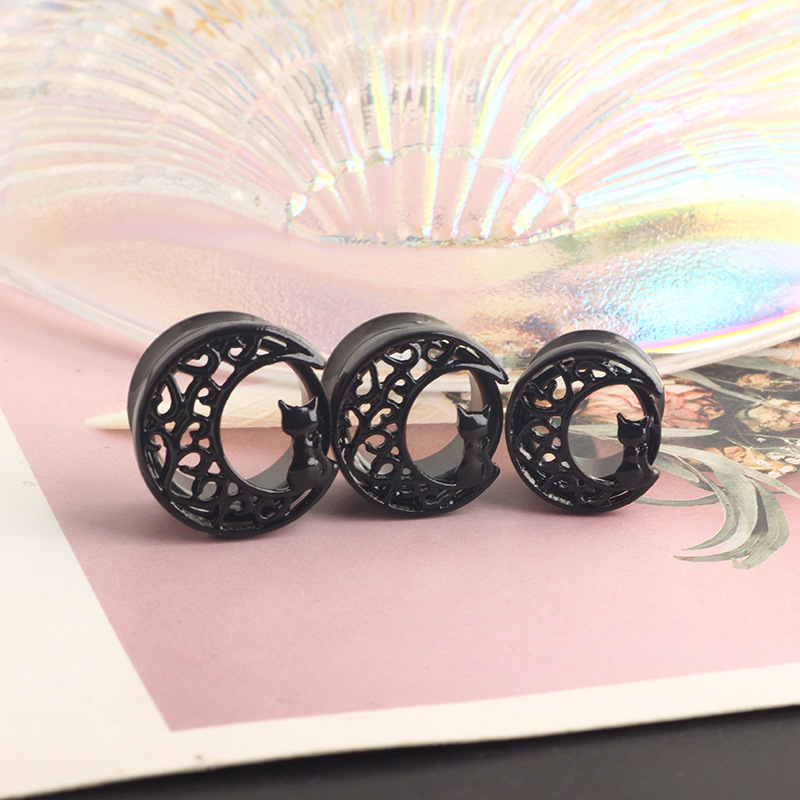 Black Cat on the Moon Stainless Steel Double Horn Ear Expander - 16mm Cartilage Earring - Image 4
