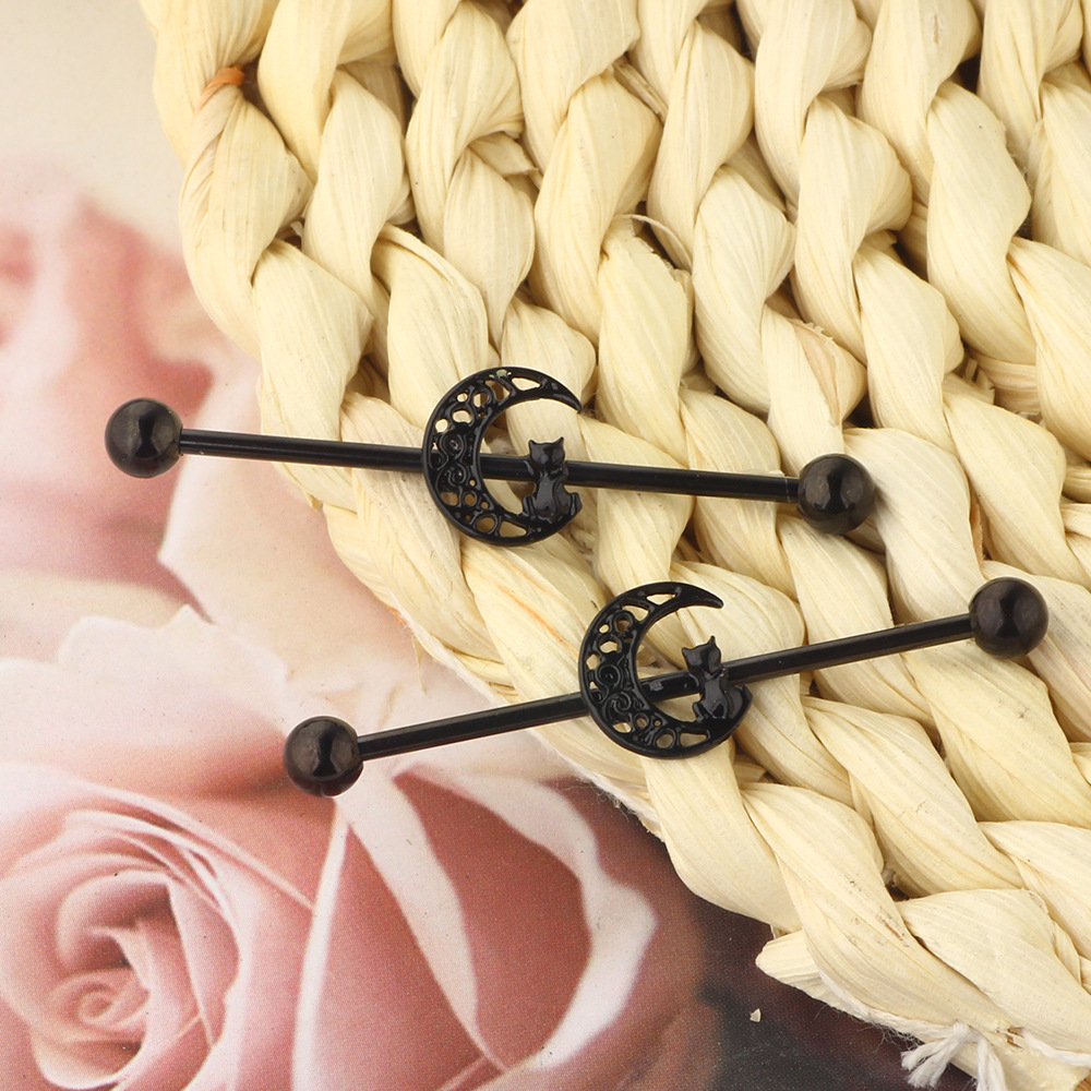 Black Cat Industrial Barbell Cross Bar Piercing Ear Jewelry - Cartilage Stud Earrings - Image 4