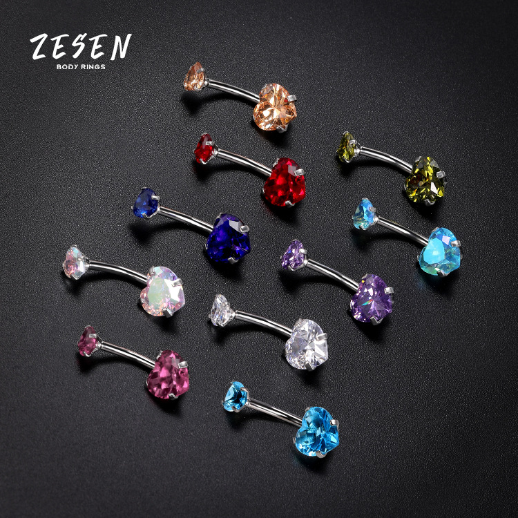 Heart-Shaped CZ Belly Button Ring Stainless Steel Double Head Dangle Navel Piercing Jewelry - Image 4