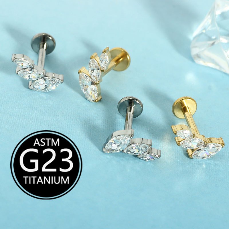 G23 Titanium Lip Piercing Jewelry Marquise Zircon Leaf Diamond Stud 16g Labret - Image 3