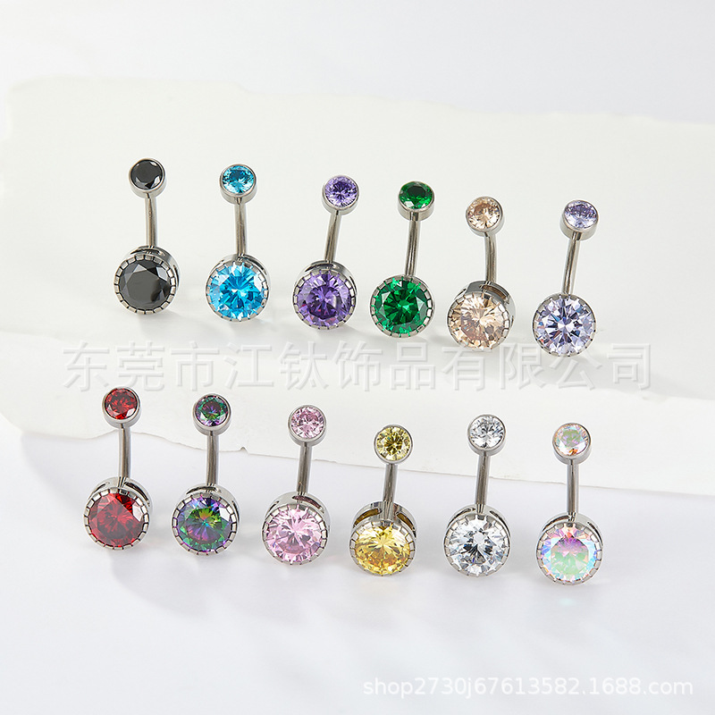 F136 Titanium Curved L Rod Serrated Edge Double Head Inlaid Zircon G23 Titanium Alloy Navel Ring Belly Button Jewelry - Image 3