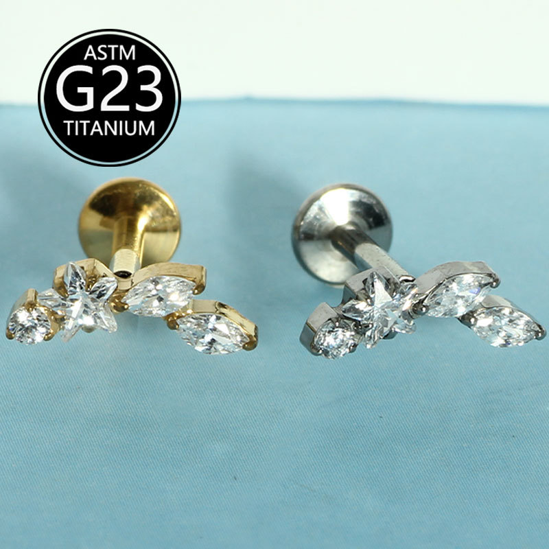 16G G23 Titanium Inlaid Zirconia Star Flat Bottom Internally Threaded Labret Ear Cartilage Lip Piercing Earrings - Image 3