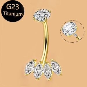 F136 Titanium Navel Ring with Four Marquise Zircon Stones, Internal Thread 14g Belly Button Ring, G23 Titanium Piercing Jewelry