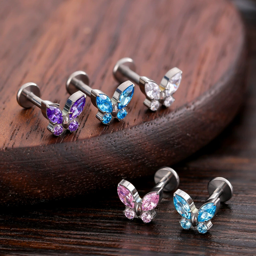 F136 Titanium Zircon G23 Titanium Alloy Butterfly Ear Stud Lip Piercing Jewelry Wholesale - Image 3