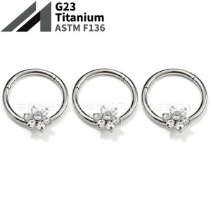 F136 Titanium Seven Diamond Flower Zircon Seamless Open Ring Nose Septum Ring Ear Bone Ring G23 Titanium Alloy Piercing Jewelry 1.2x10mm