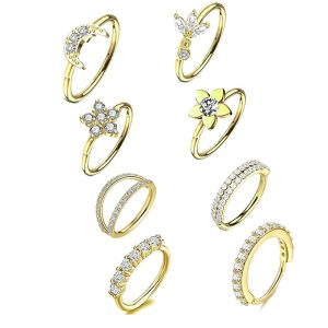 Stainless Steel Heart Nose Ring - CZ Geometric Open Nose Clip Piercing Jewelry Set of 8