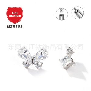 Titanium Ear Stud Butterfly Square CZ Cartilage Jewelry G23 ASTM F136