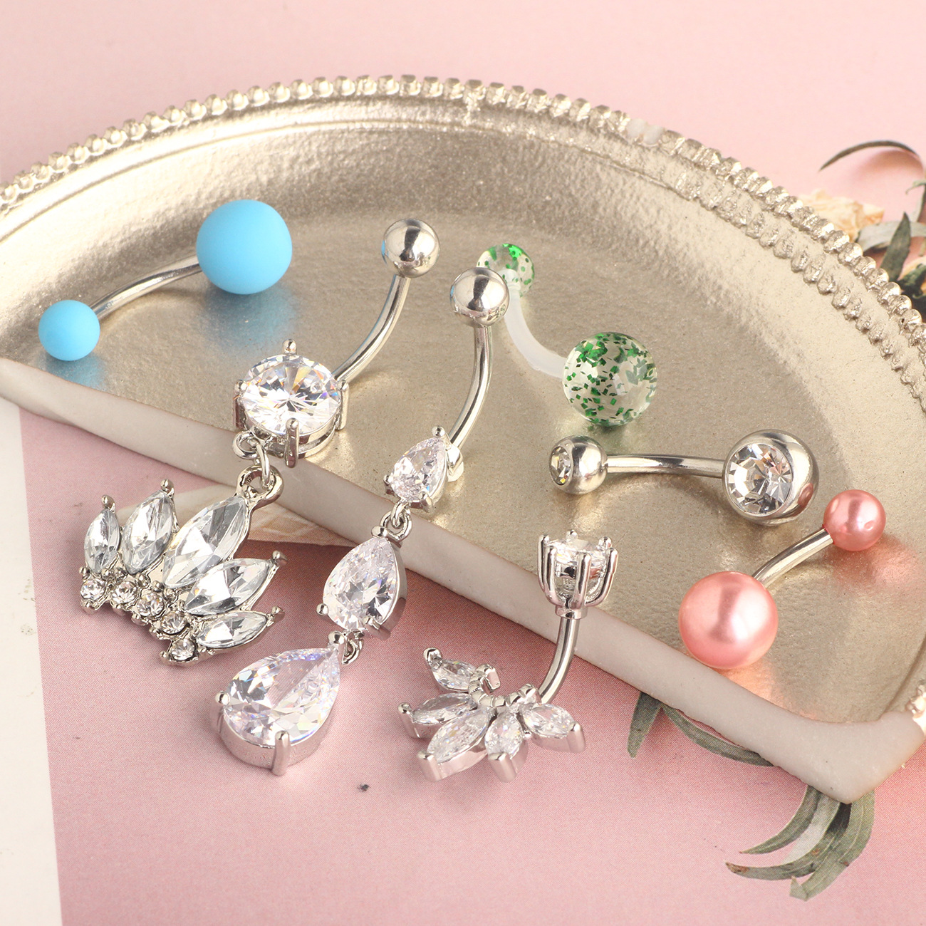 Best Selling 7-Piece Navel Ring Set - 316L Surgical Steel Copper Inlaid Zircon Belly Button Rings for Women and Men - Image 5