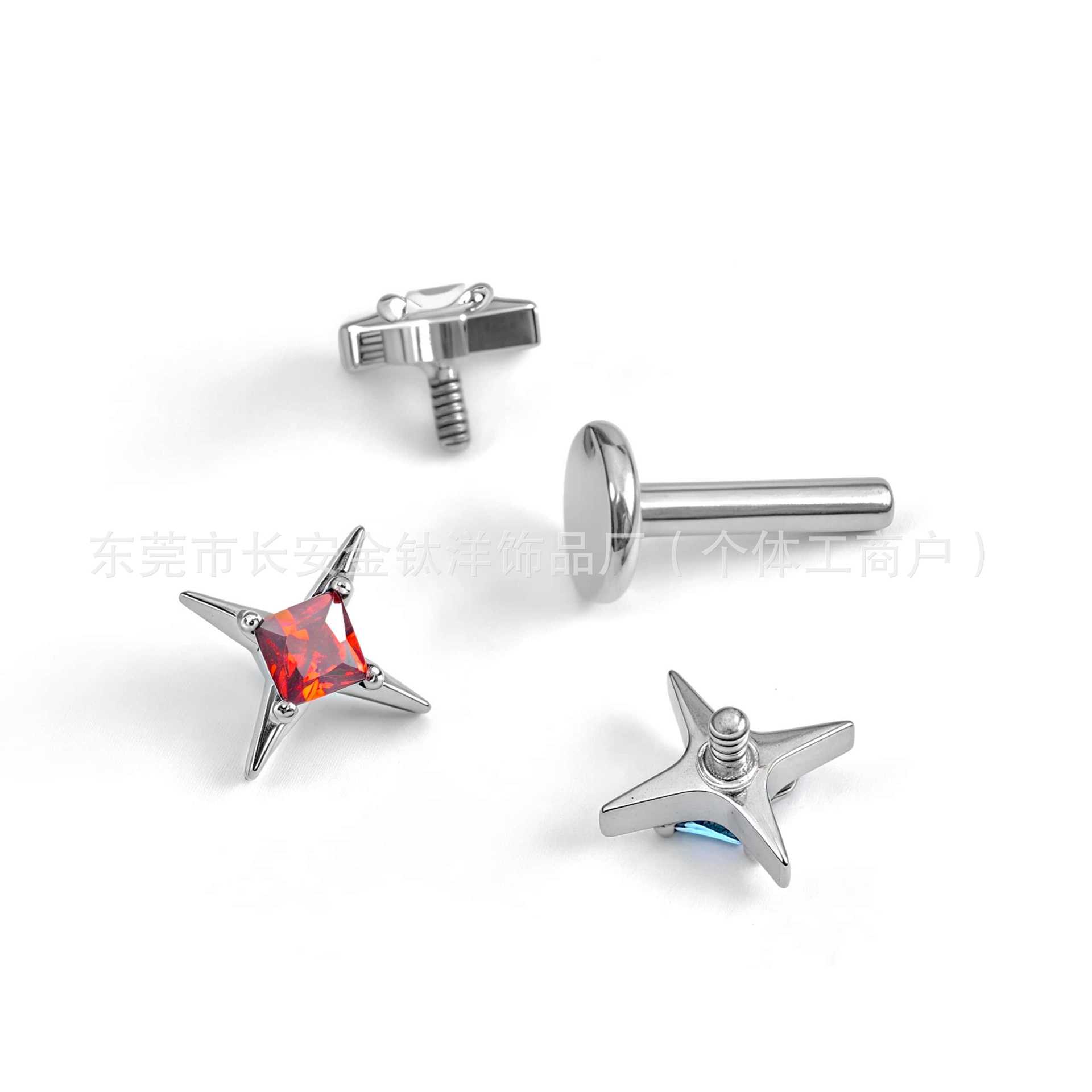F136 Titanium Square Zirconium Four-Pointed Star Zircon Lip Nose Ear Bone Nail G23 Titanium Alloy Body Piercing Jewelry - Image 2