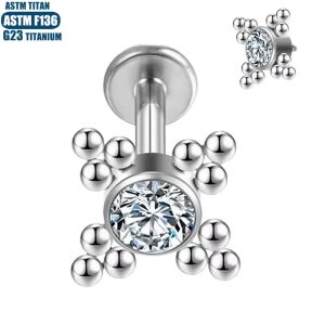 F136 Titanium Alloy Lip Ring Internally Threaded Zircon Bead Cluster Lip Stud Piercing Earrings