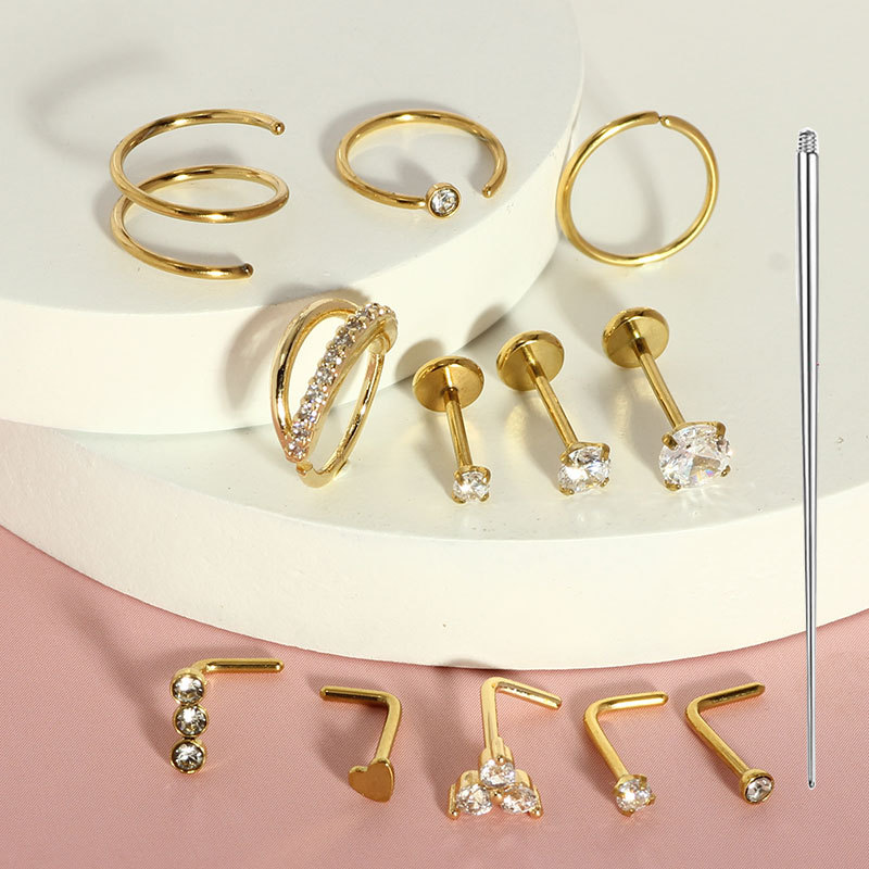 13-Piece Set Stainless Steel Nose Studs Basic Nose Rings Body Piercing Jewelry CZ Heart - Image 4