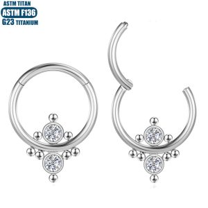 G23 Titanium Hinge Nose Ring Inner Outer Zircon Bead Cluster Seamless Ring Nasal Septum Ring Piercing Nose Ornament Conch Earrings