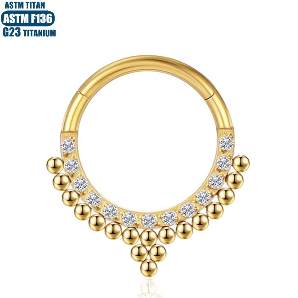 F136 Titanium Nose Ring with Zircon Inlay Welded Bead - Perforated Nose Ring Earring Septum Ring Titanium Alloy Zircon Inlay - Image 3