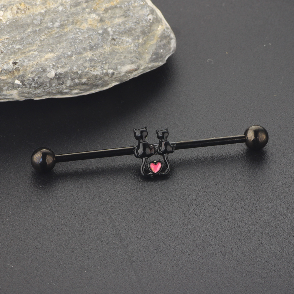 Couple Cat Industrial Barbell Earrings Double Ear Hole Stainless Steel Bridge Ear Studs Ear Bone Ring - Image 5