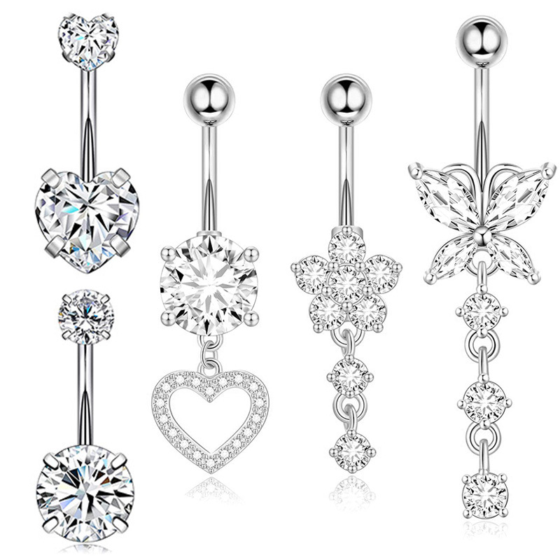 Heart-Shaped 5-Piece Belly Button Ring Set with CZ Stones - Silver 316L Surgical Steel Body Piercing Jewelry - Image 2