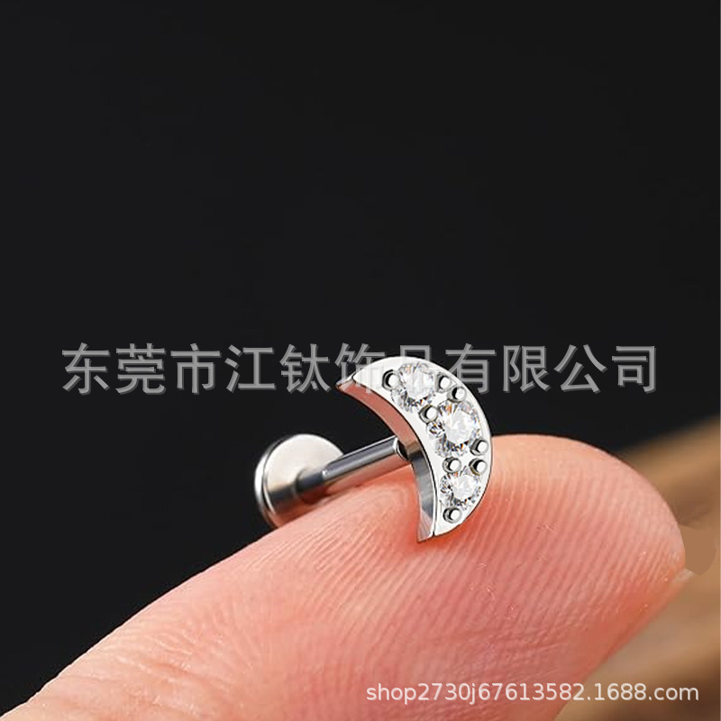 F136 Titanium Moon Stud Earrings with 5A CZ – Lip Ear Bone Nail G23 Titanium Body Jewelry - Image 3
