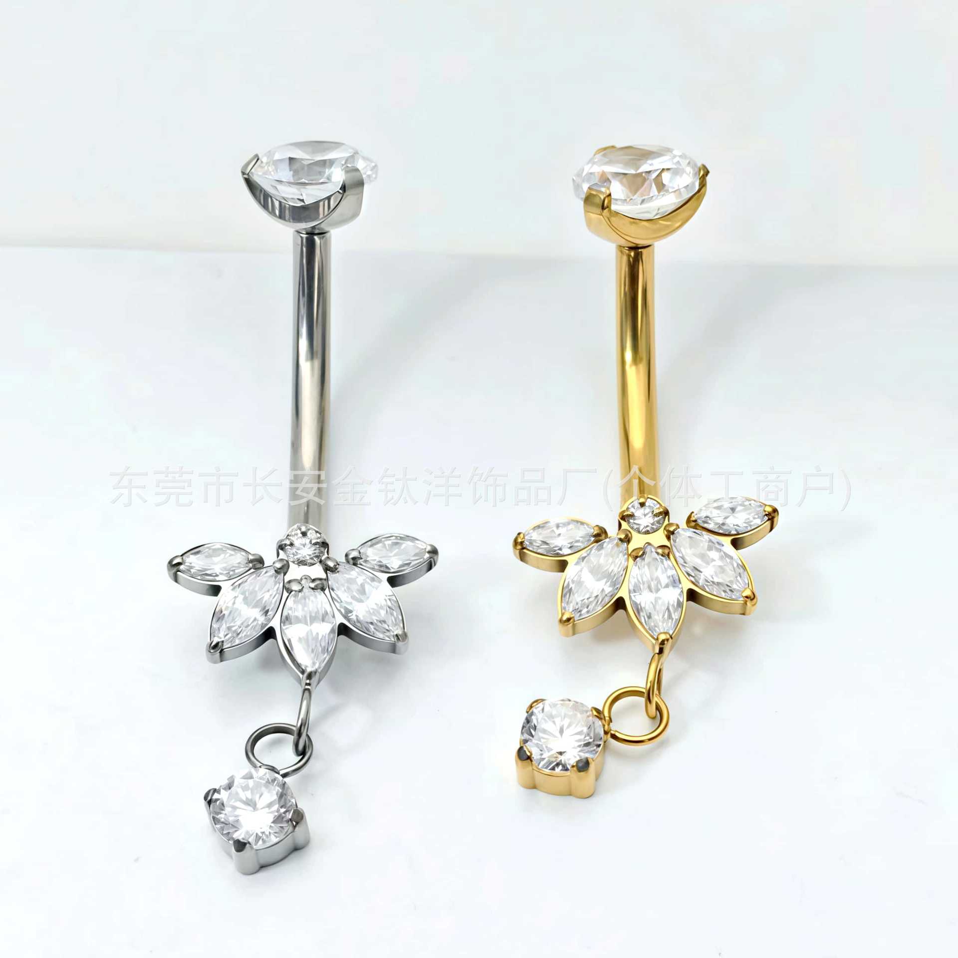 F136 Titanium Five-Leaf Flower Water Drop Zircon Pendant Curved Barbell Belly Button Ring - Image 4