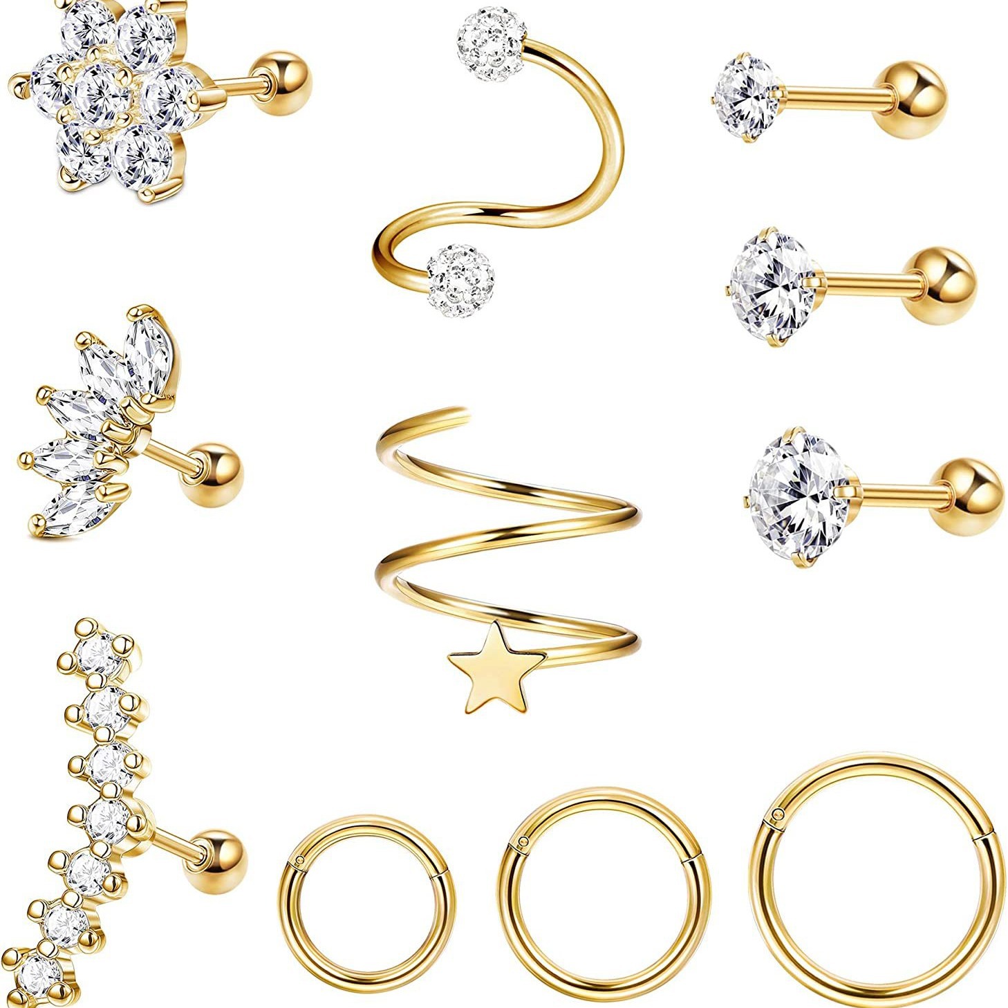 Rose Gold Ear Earring Helix Star CZ Stud Ear Piercing Jewelry 11 Piece Set - Image 4
