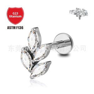 G23 Titanium Horse Eye Leaf Ear Stud Inlaid with 5A Zircon - F136 Titanium Alloy Body Piercing Ear Bone Nails