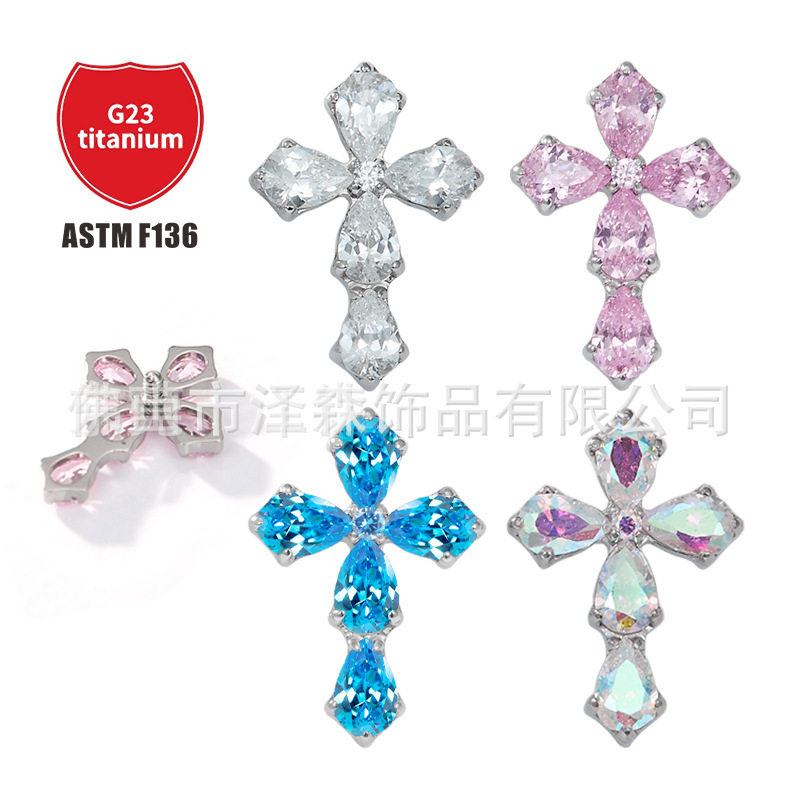 F136 Titanium Alloy Cross Earrings Inlaid with Zircon Water Drop Lip Nail Earrings Internal Thread Ear Bone Nails - Image 4