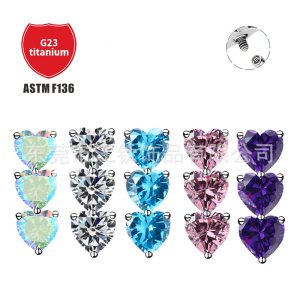 G23 Titanium Heart Ear Cartilage Stud with Cubic Zirconia - 1.2x10mm Flat Back Labret Earring for Helix Tragus Conch